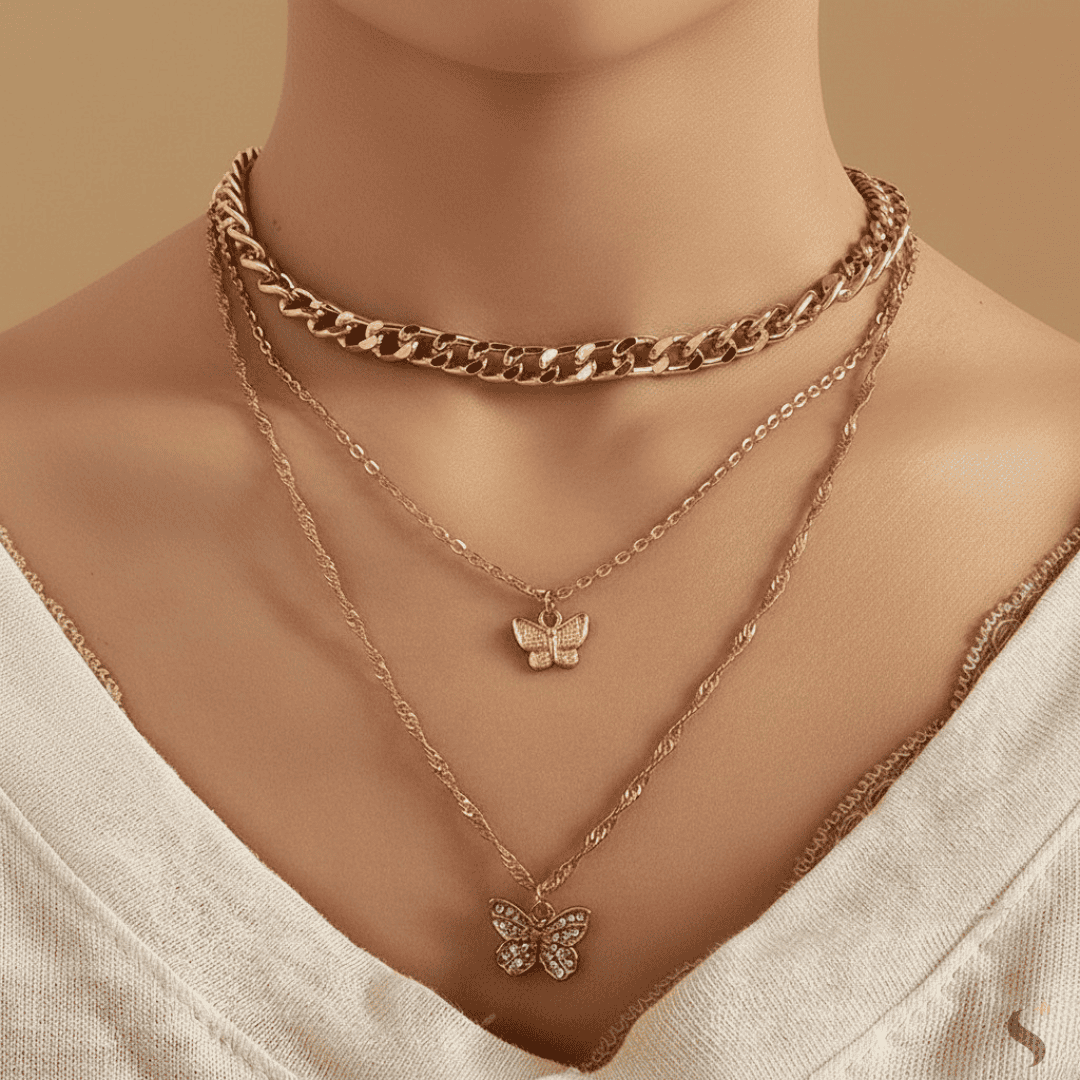BELLE – Chain &amp; Butterfly Dual Gold Neckpiece