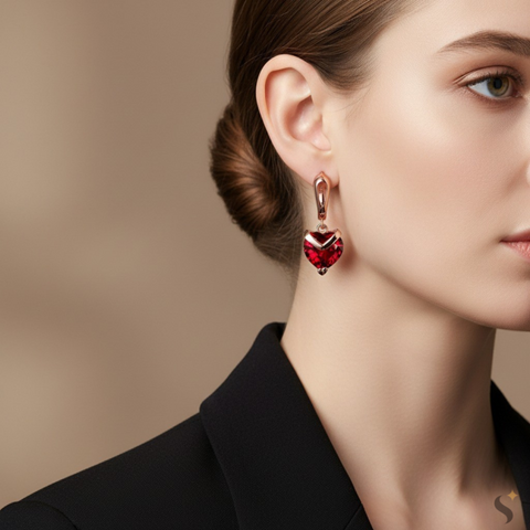 ROZY – Crystal Heart Rose Gold Scarlet Statement Earrings