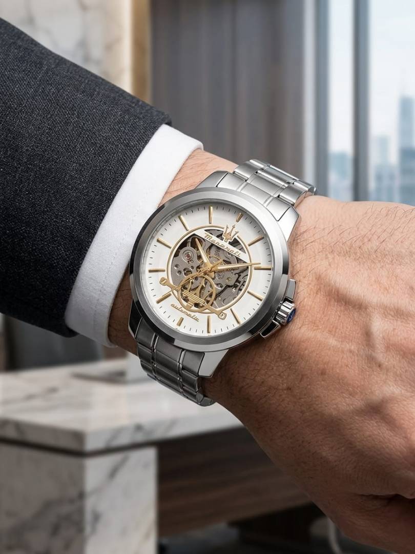 Maserati Successo Skeleton Automatic Silver White Gold Edition