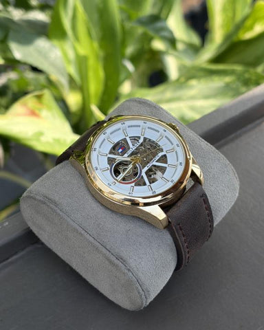 Tommy Hilfiger Automatic Leather Dark Brown Silver White Edition