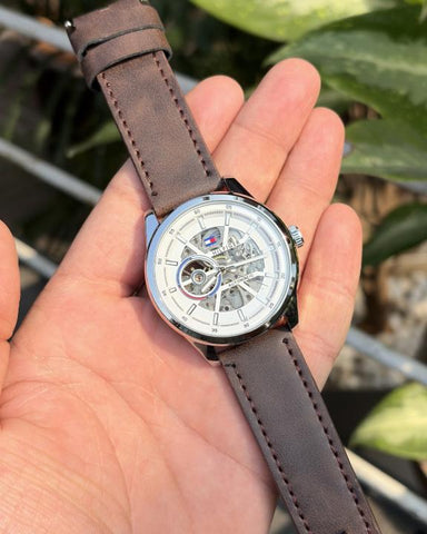 Tommy Hilfiger Automatic Leather Dark Brown Silver White Edition