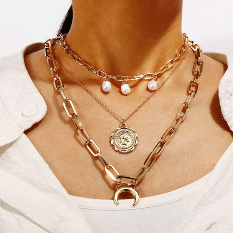 MAJESTICA – Gold Polished Floral & Crescent Layered Necklace