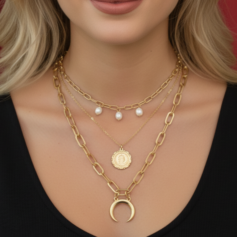 MAJESTICA – Gold Polished Floral & Crescent Layered Necklace