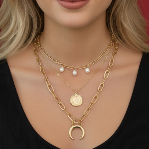 MAJESTICA – Gold Polished Floral & Crescent Layered Necklace
