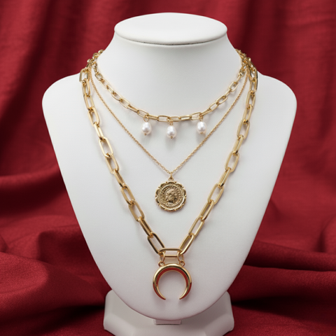 MAJESTICA – Gold Polished Floral & Crescent Layered Necklace